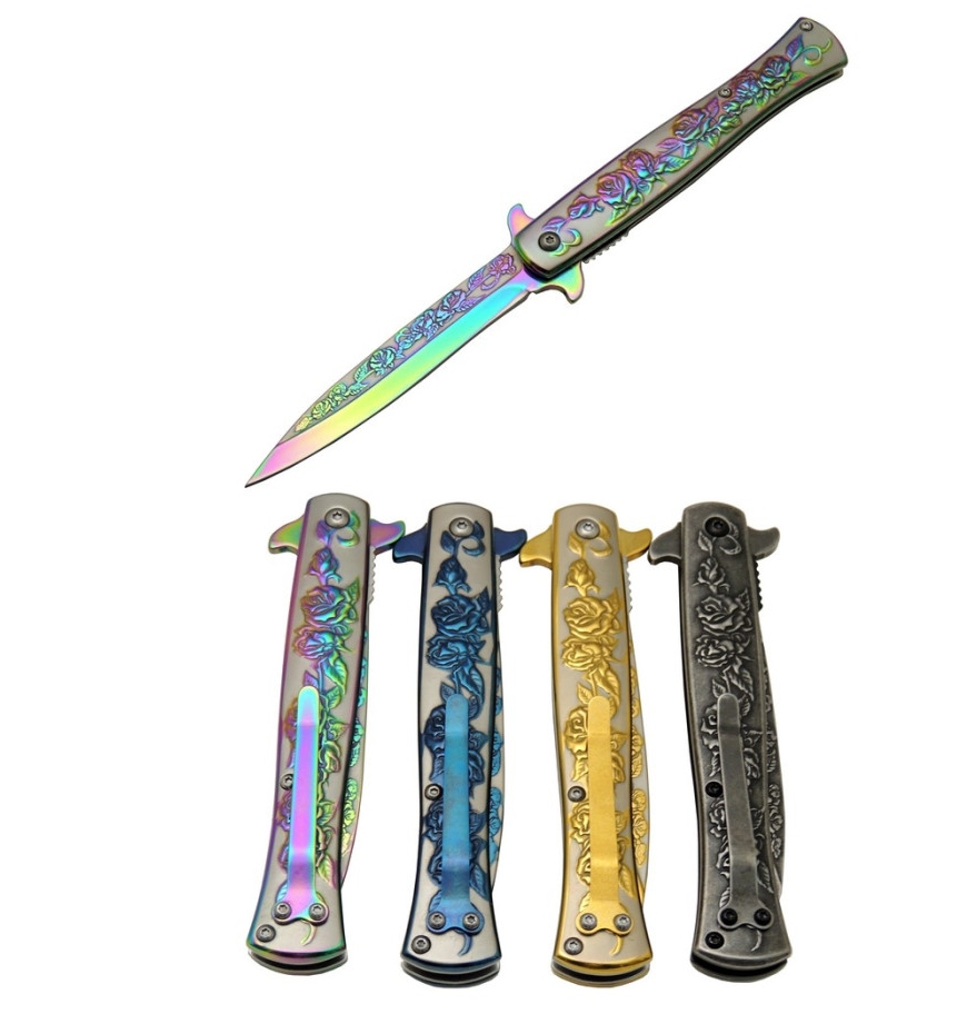 AVS HC012 RNB 22.5cm Rainbow Gravür Gül İşlemeli Gökkuşağı Taşıma Klipsli Çakı