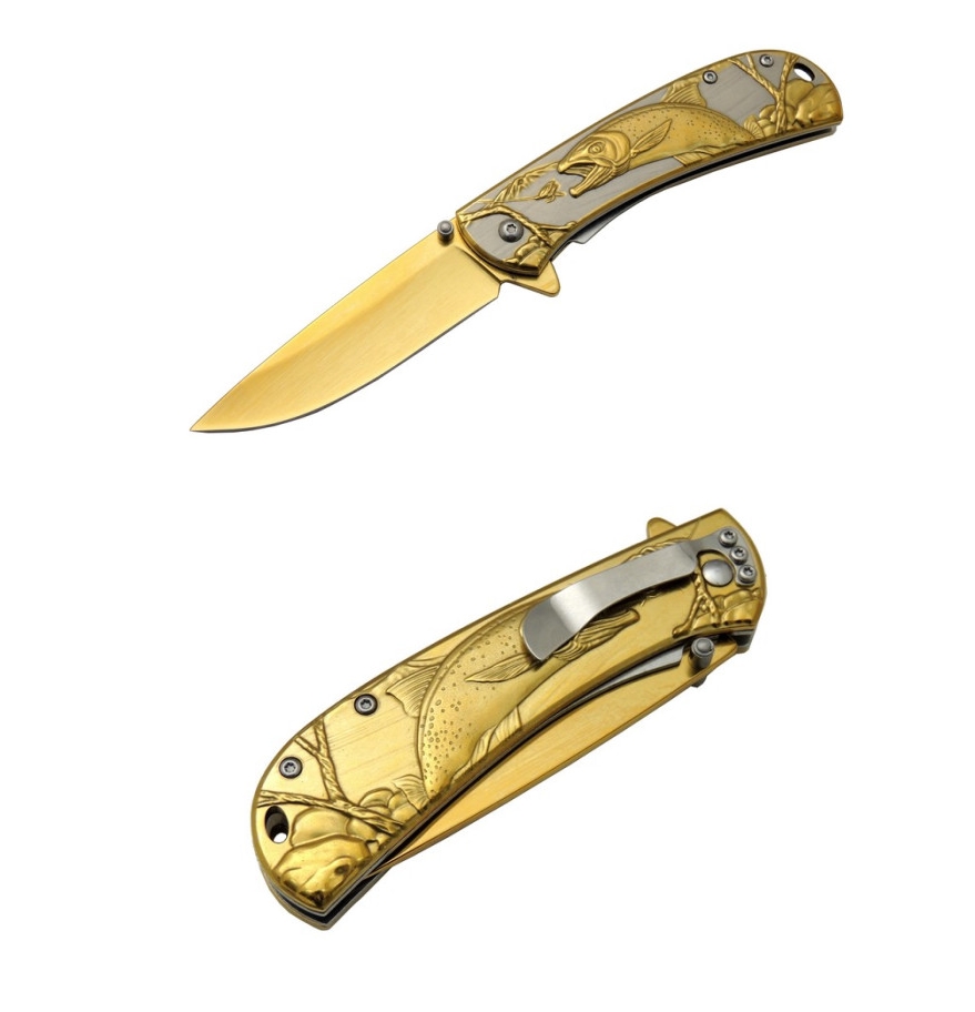AVS YST5954GD 20 CM Gold Balık İşlemeli Taşıma Klipsli Çakı