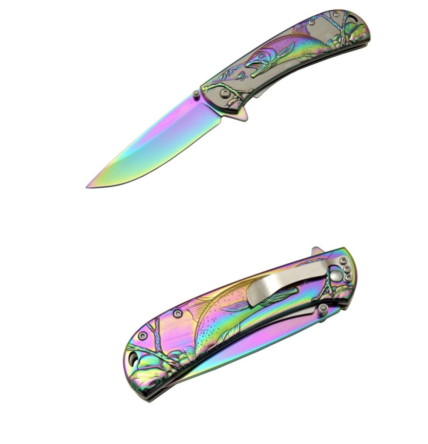 AVS YST5954RB 20cm Balık Gökkuşağı İşlemeli Taşıma Klipsli Çakı