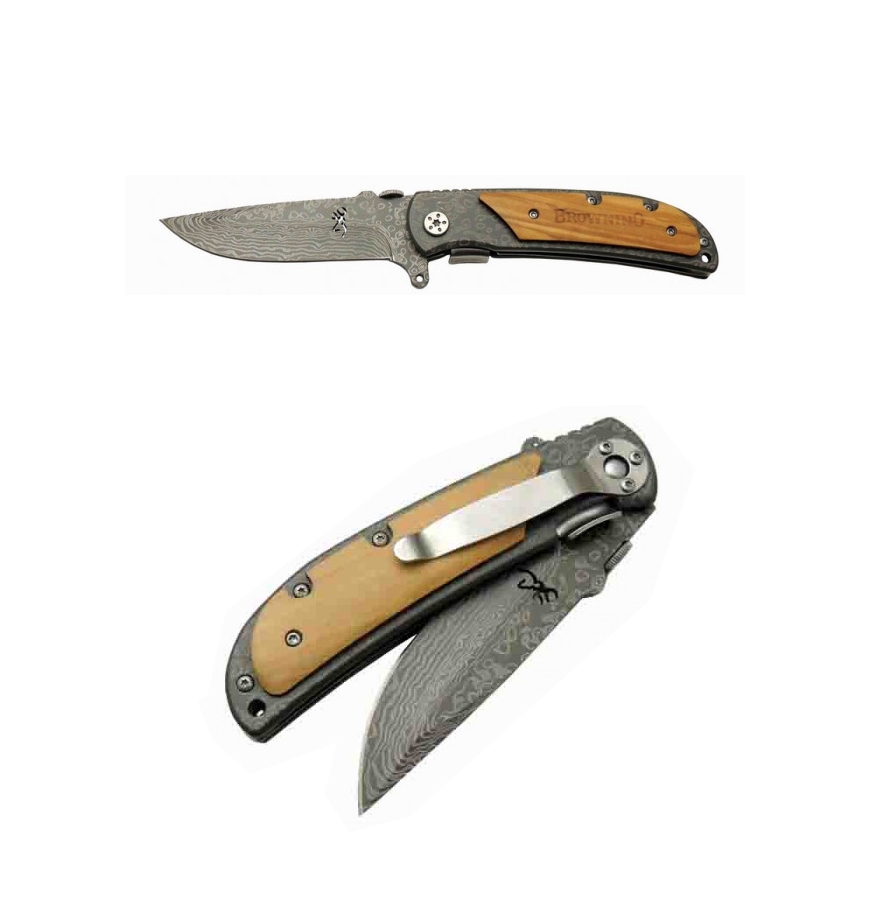 Browning 338B DMS 21.5cm Damascus Taşıma Klipsli Çakı