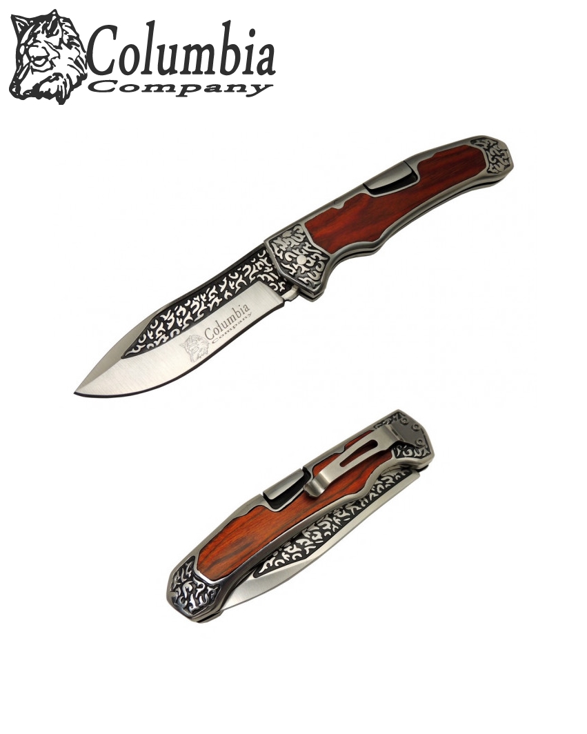 Columbia A-3154-A  23.5cm Gravür İşlemeli Ahşap Kabze Taşıma Klipsli Çakı