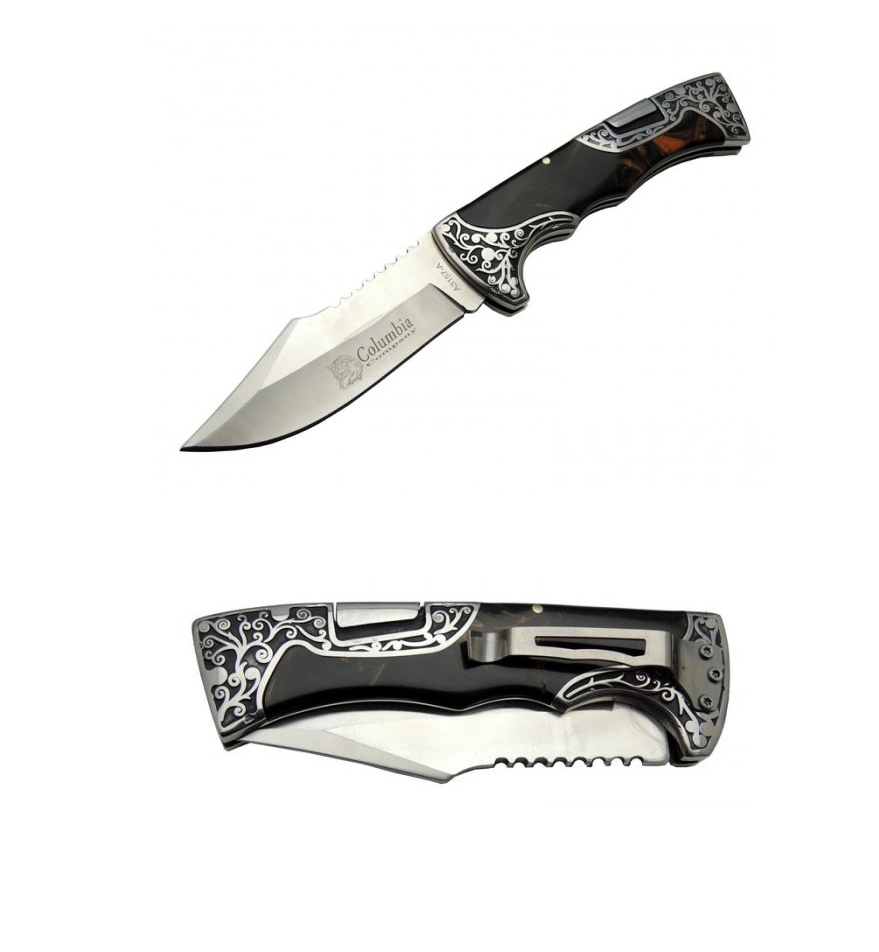 Columbia A3157-B 23cm Gravür İşlemeli Ahşap Taşıma Klipsli Çakı