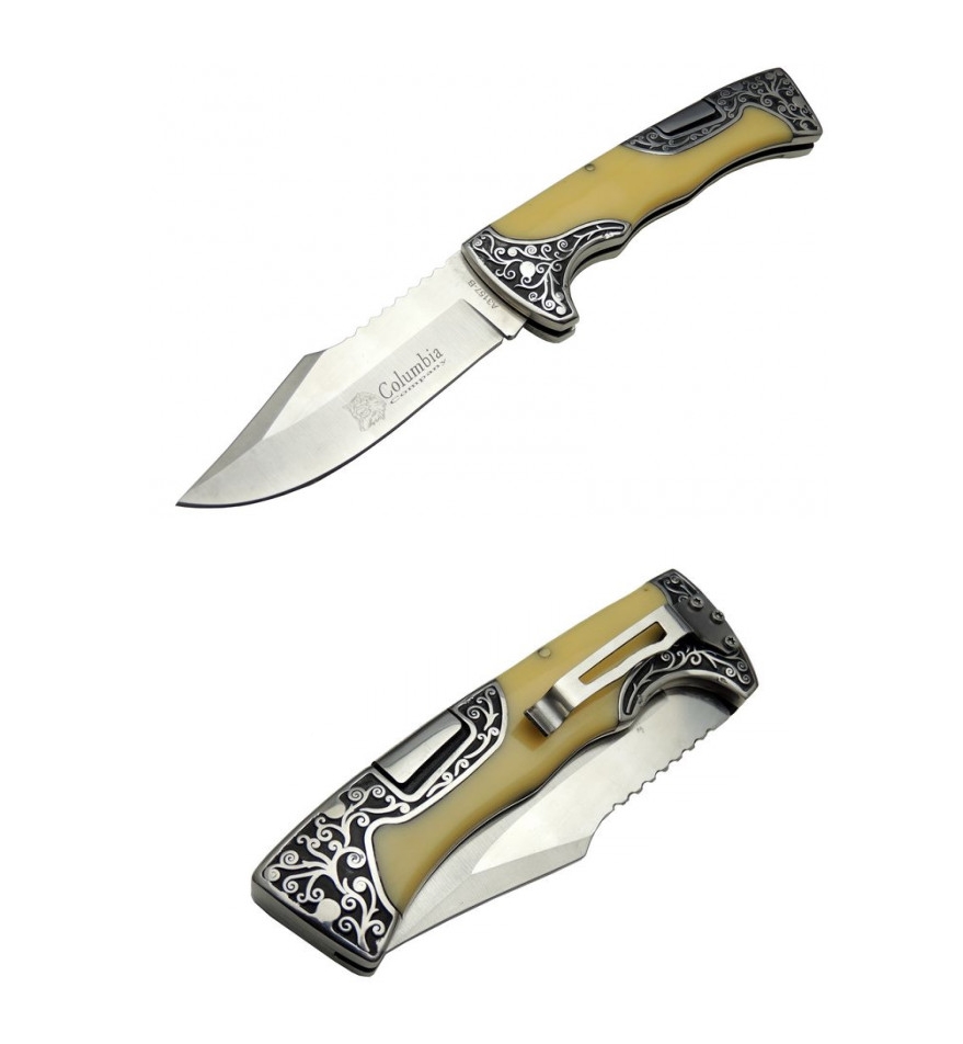 Columbia A3157-C 23cm Gravür İşlemeli Kemer Klipsli Sedef Çakı