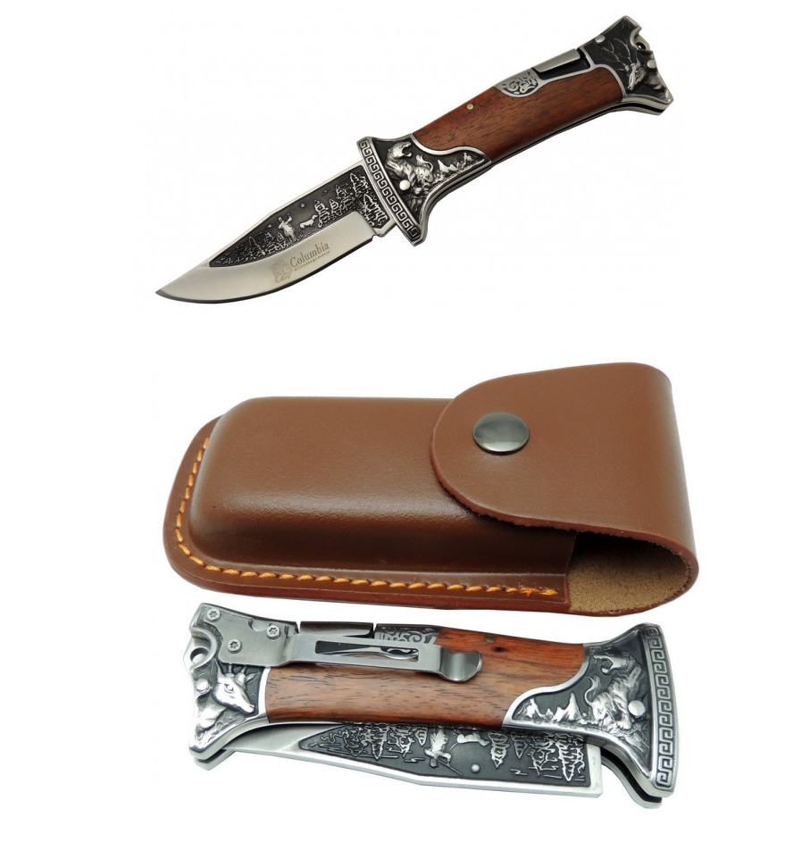 Columbia A3188-A Gravür İşlemeli 23cm Kemer Klipsli Kılıflı Baba Çakı