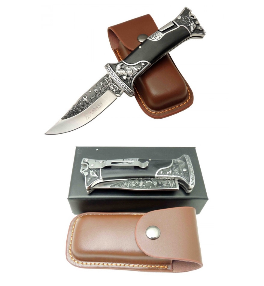 Columbia A3188-B Gravür İşlemeli 23cm Kemer Klipsli Kılıflı Baba Çakı