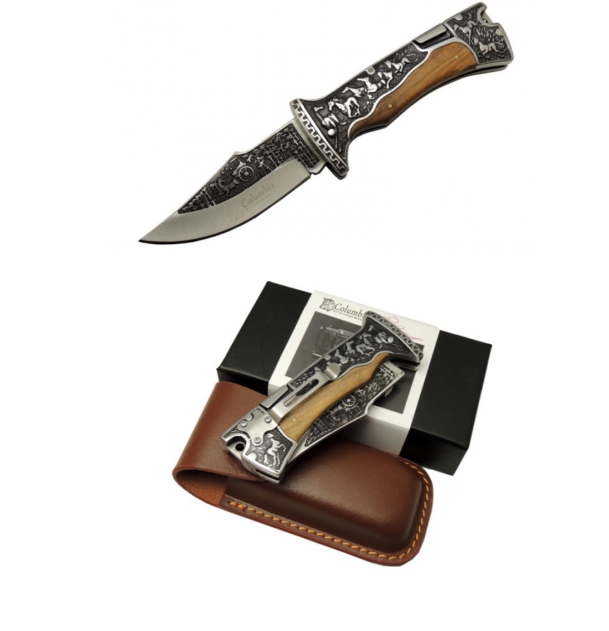 Columbia A3189-A Gravür İşlemeli 23cm Kemer Klipsli Kılıflı Baba Çakı