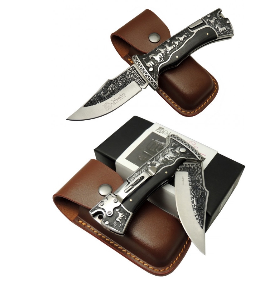 Columbia A3189-B Gravür İşlemeli 23cm Kemer Klipsli Kılıflı Baba Çakı