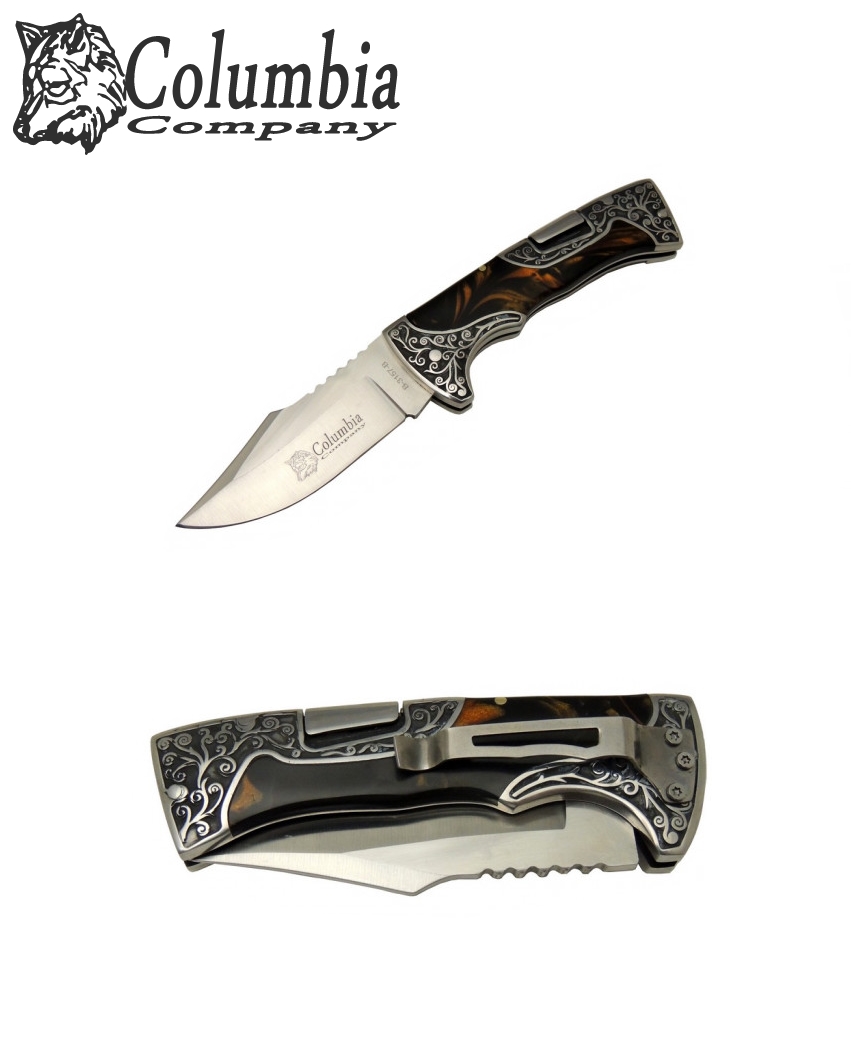 Columbia B-3157-B 21cm Gravür İşlemeli Kemer Taşıma Klipsli Çakı