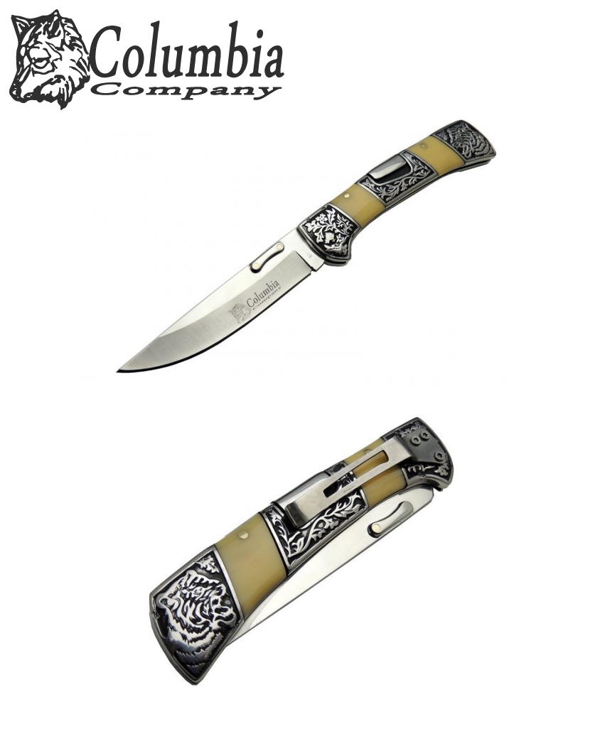 Columbia B3159-C 22cm Sedef Gravür İşleme Kaplan Kabze Klipsli Çakı