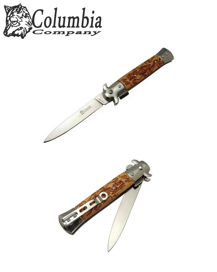 Columbia FS-1246-1 23cm Ahşap Kabze Ejderha İşlemeli Taşıma Klipsli Çakı