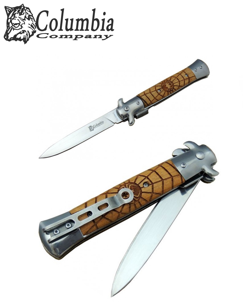 Columbia FS-1246-4 23cm Ahşap Kabze Örümcek İşlemeli Taşıma Klipsli Çakı