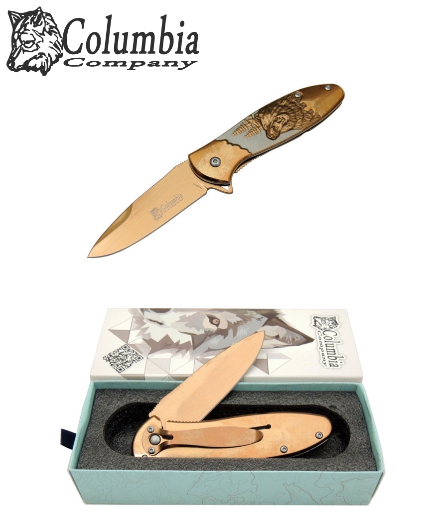 Columbia FX-2420-B 19.5 CM Gold Ayı İşlemeli Taşıma Klipsli Çakı