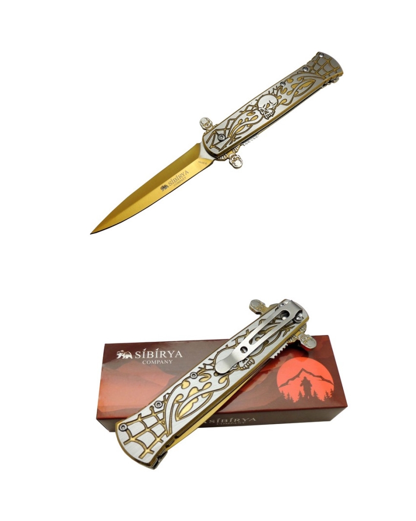 Sibirya S-2079A 22 CM Kurukafa Gold Emniyet Kilitli Taşıma Klipsli Çakı