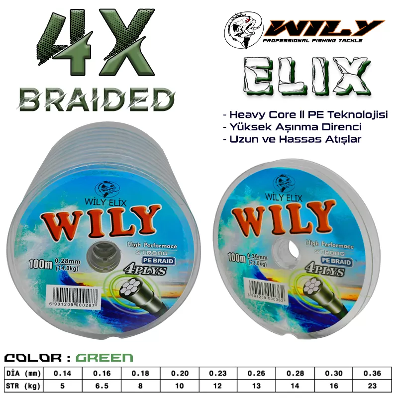Wily Elix 4 Kat İp Misina Yeşil 100 Mt Devamlı