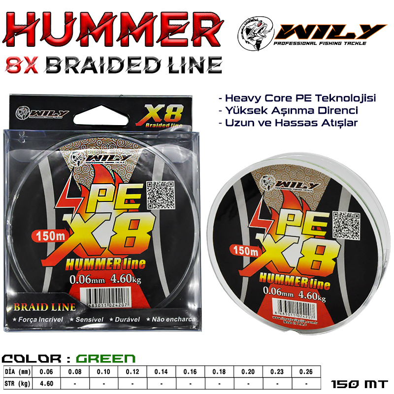 Wily Hummer Pe x8 Kat İp Misina 150 mt Yeşil