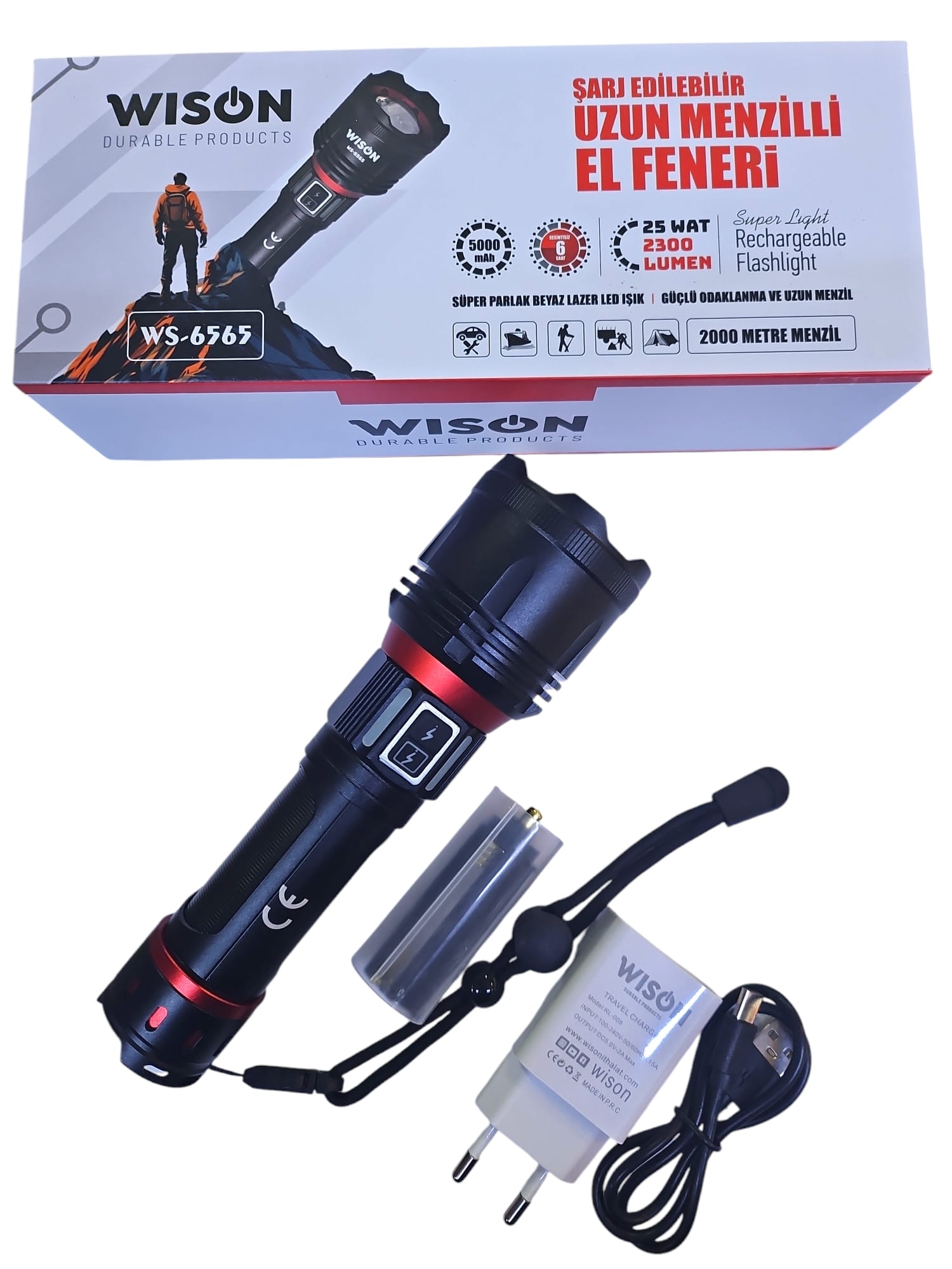Wison WS-6565 25Wat 5000mAh 2300LM Şarjlı Uzun Menzilli El Feneri